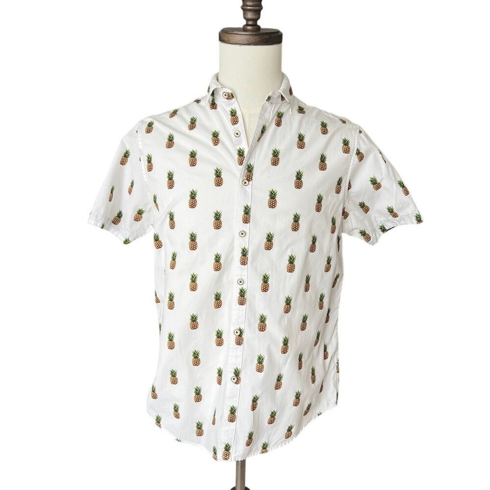 Denim & Flower Ricky Singh White Short Sleeve Shirt Men' M Slim Fit Pineapple
